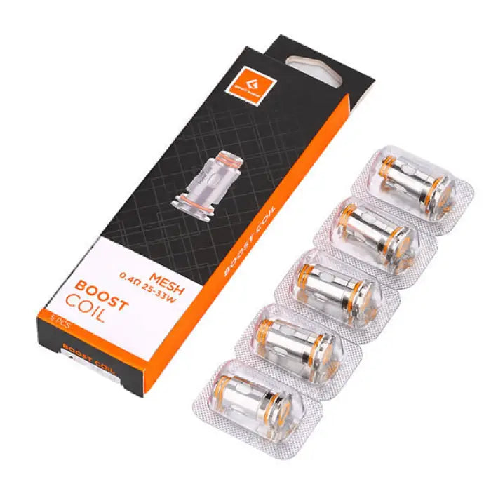 Vape coil replacement pack with five individual coils and product packaging.