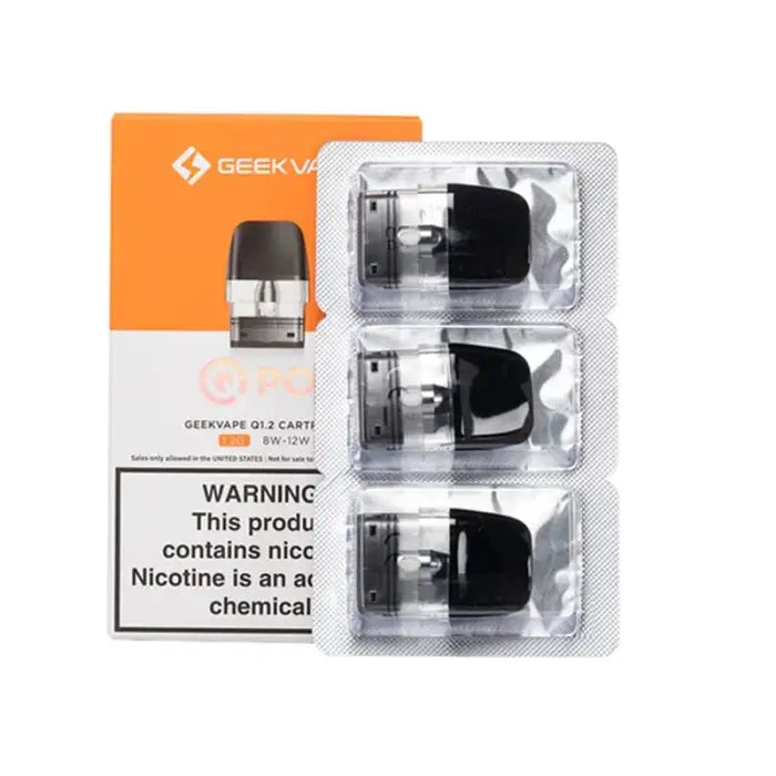 Vaping device with replaceable cartridges and a warning label about nicotine content.