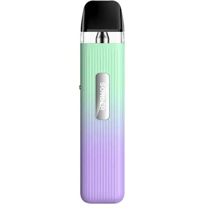 Vape pen or e-cigarette with a gradient mint green to lavender body and black mouthpiece.