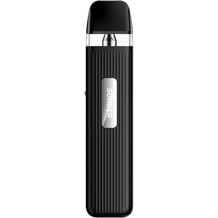 Sleek black electronic vaping device with vertical ridges and a silver logo.