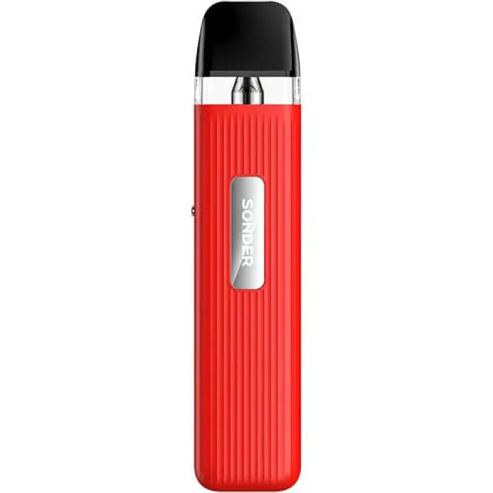 Red electronic vaping device with a ribbed body and black mouthpiece.