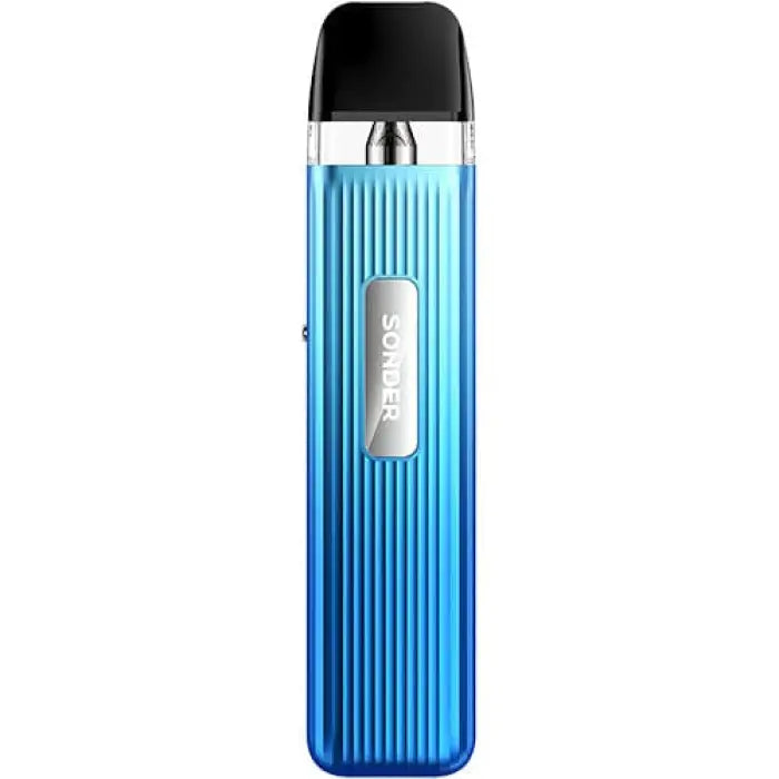 Sleek blue electronic vaping device with vertical ridges and a black mouthpiece.