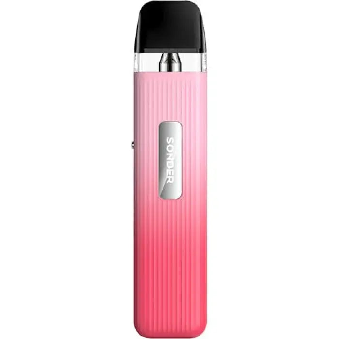 Pink gradient electronic vaping device with a black mouthpiece and silver accents.