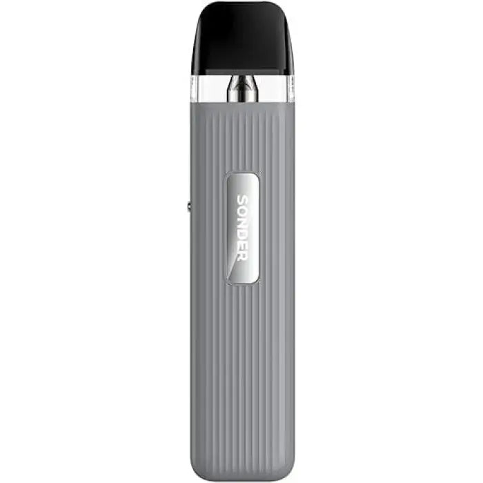 Sleek, gray electronic vaping device with a black mouthpiece and transparent section.