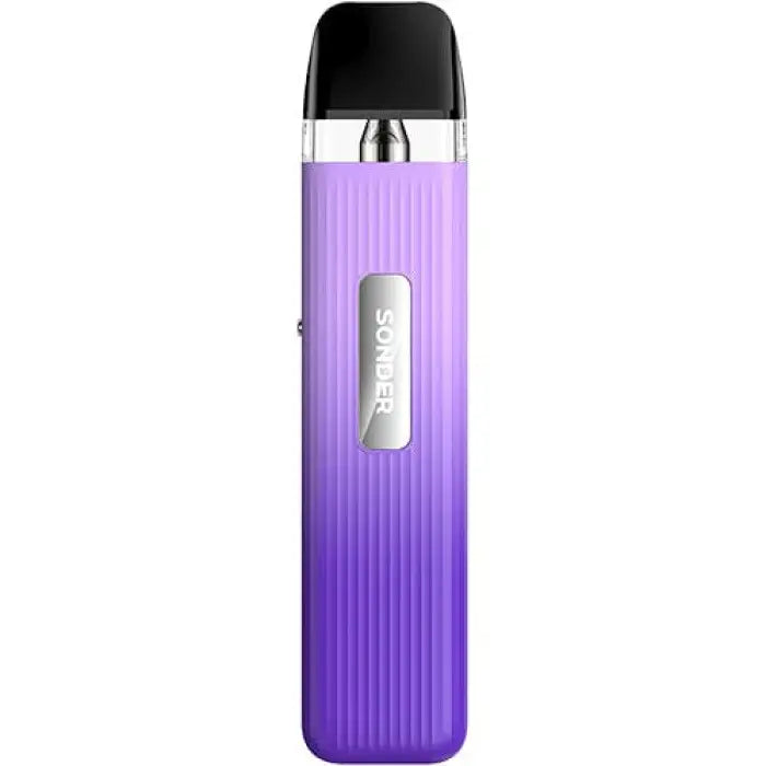 Purple electronic vaping device with a ribbed texture and silver accents.