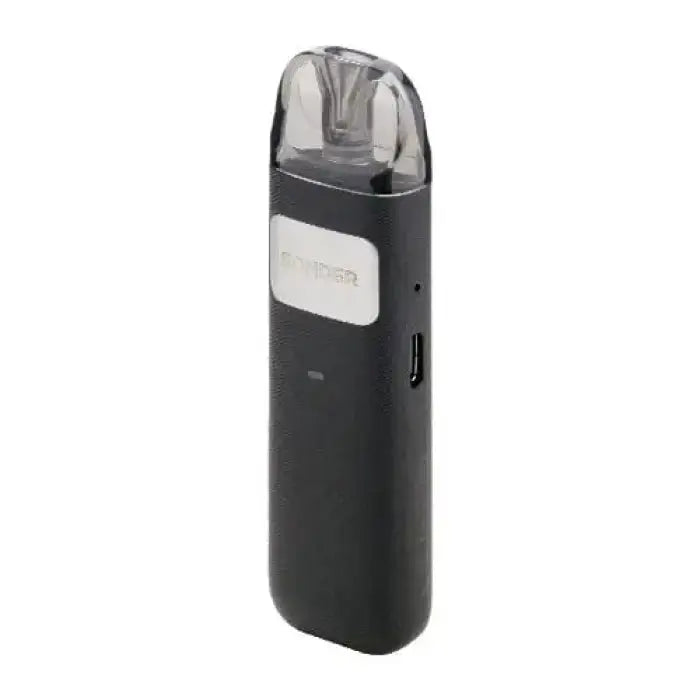 Sleek black electronic vaping device with a clear mouthpiece and small display panel.