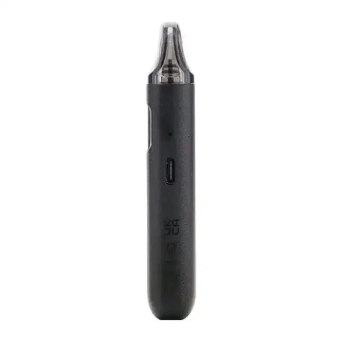 Black electronic vaping device or e-cigarette with a cylindrical shape and metallic tip.