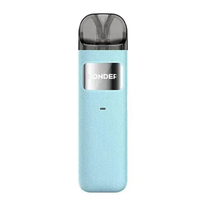 Pale blue electronic vaping device with a silver ’ONDER’ logo.