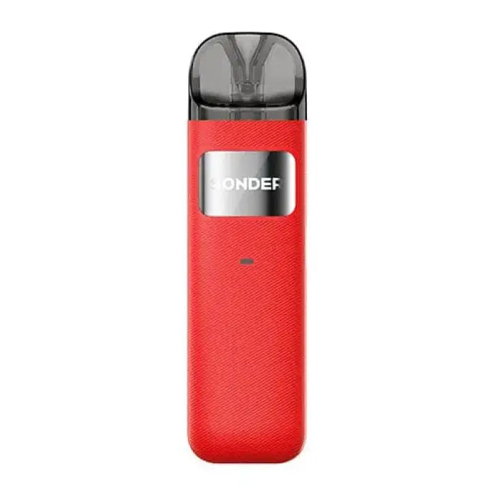 Red electronic vaping device with ’BNDEF’ branding.