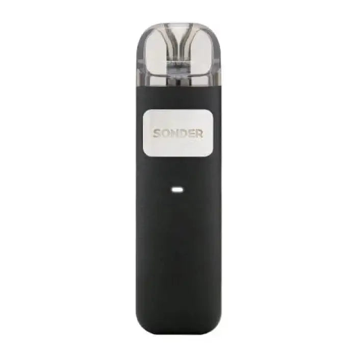 Sleek black electronic vaping device with a clear mouthpiece and silver branding.