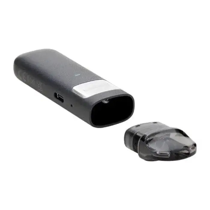 Sleek black electronic vaping device with a detachable pod or cartridge.