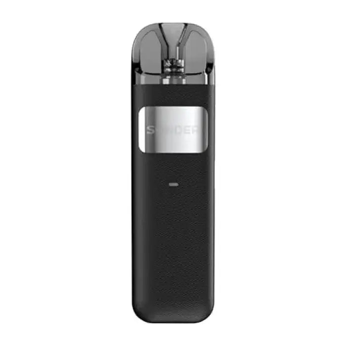 Sleek black electronic vaping device with a silver accent panel.