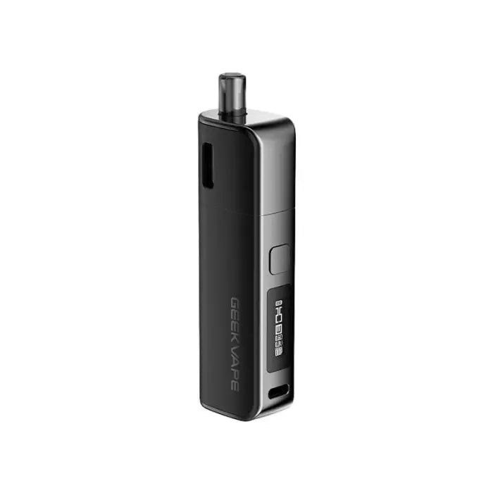 Sleek black electronic vaping device with a rectangular shape and small display screen.