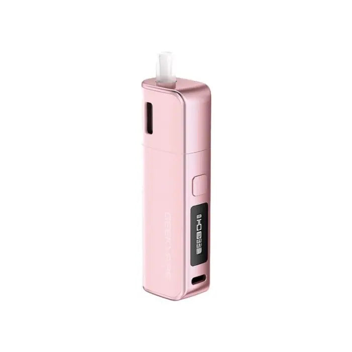 Pink electronic vaping device with a digital display.