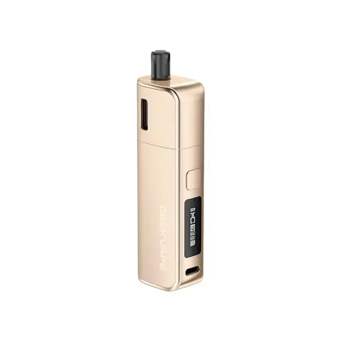 Electronic vaping device with a rectangular body in a champagne gold color.