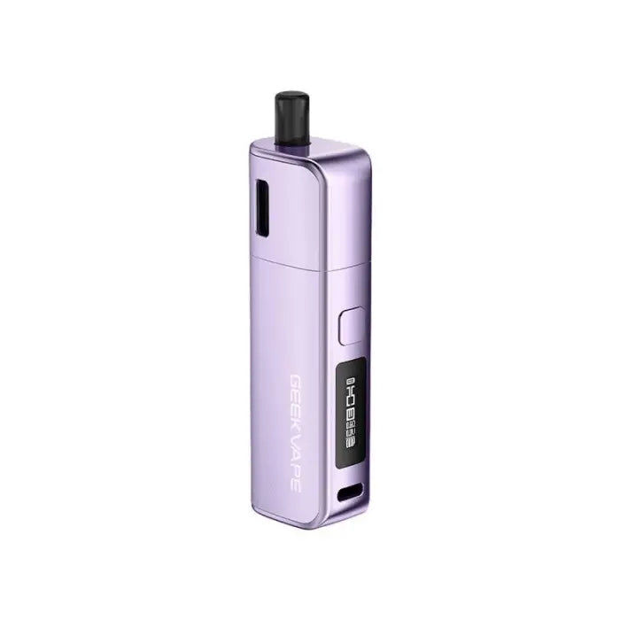 Lavender-colored electronic vaping device with a digital display.