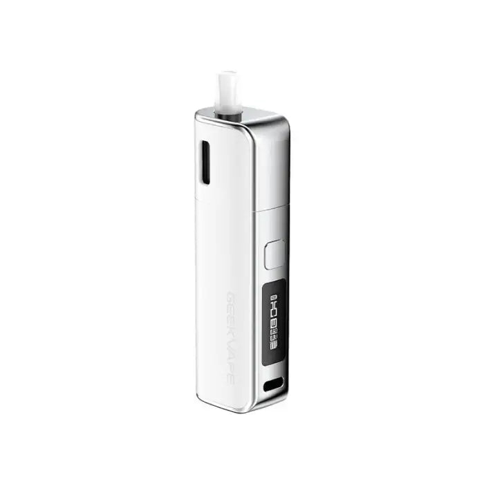 Sleek white and silver electronic vaping device with a digital display.