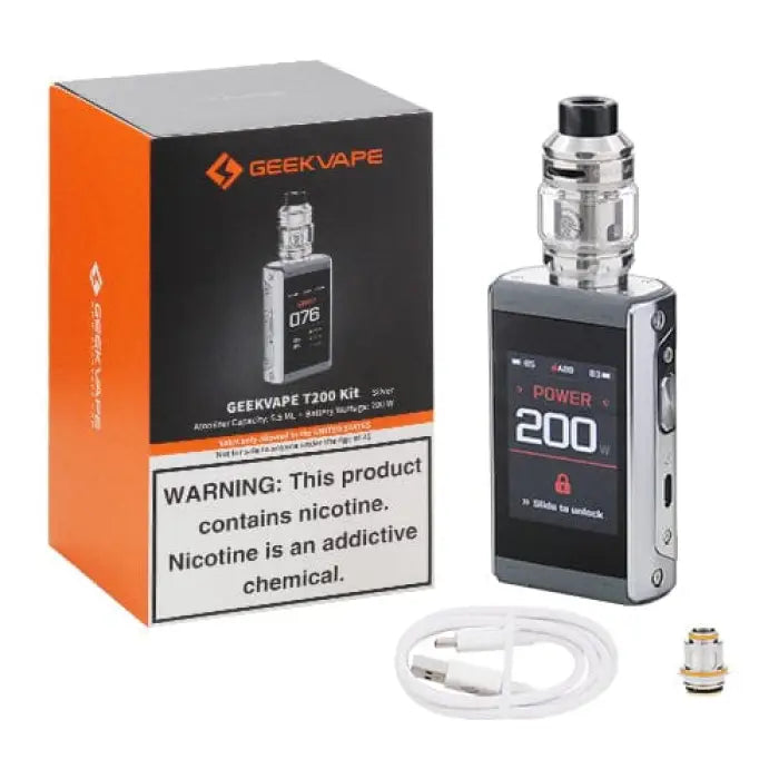 Electronic vaping device with its packaging and accessories.