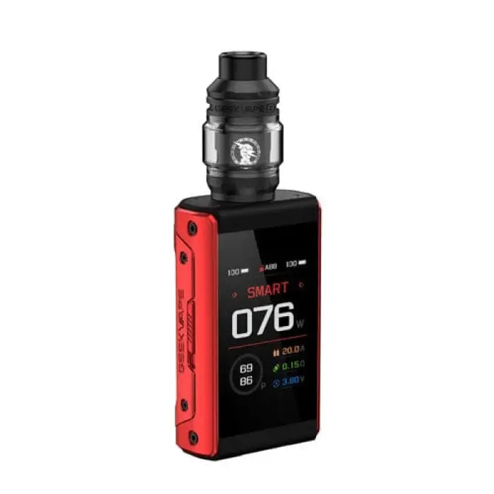 Electronic vaping device with a red and black body and a digital display screen.