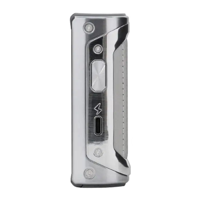 Electronic vaping device or mod with a metallic silver body and control buttons.