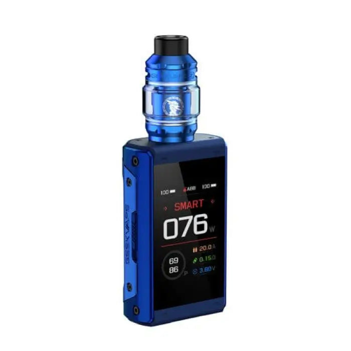 Blue electronic vaping device with a digital display screen and attached tank.