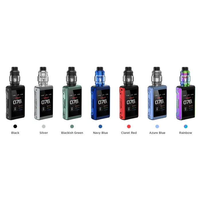 Electronic vaping devices in various colors with digital displays.