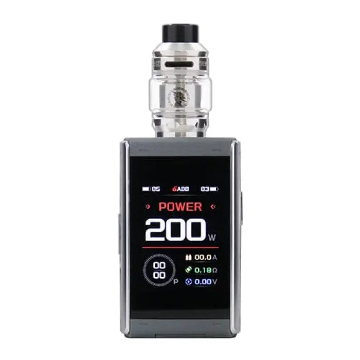 Electronic vaping device with a color display showing power and settings information.