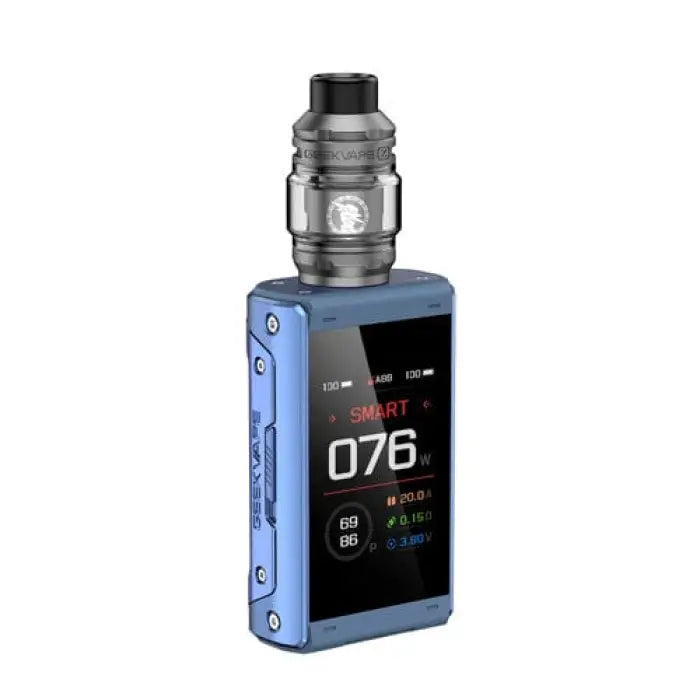 Electronic vaping device with a blue body and digital display screen.