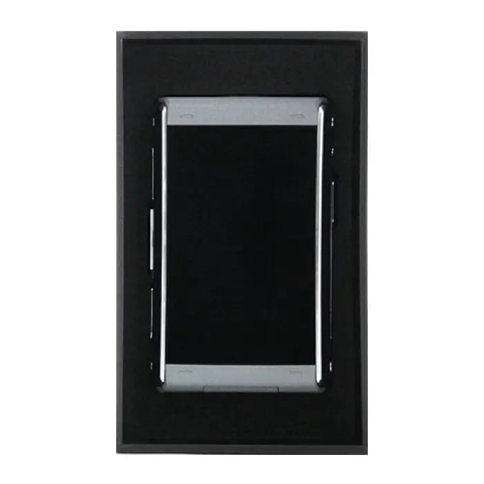 Sleek, rectangular tablet or e-reader device with a silver frame and black screen.