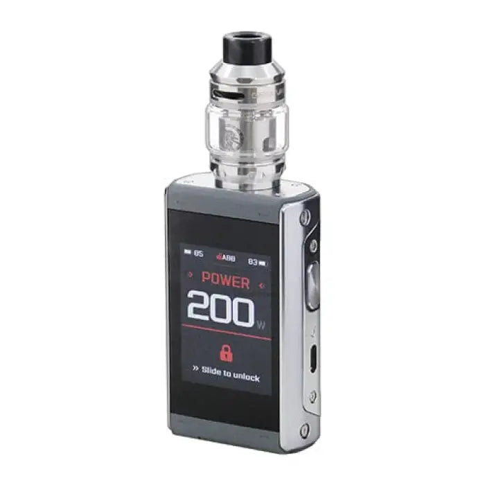 Electronic vaping device with a digital display showing ’POWER 200’’ and an attached tank or atomizer.