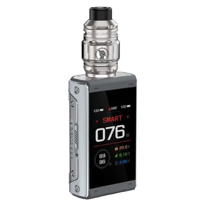 Electronic vaping device with a digital display and metallic tank attachment.