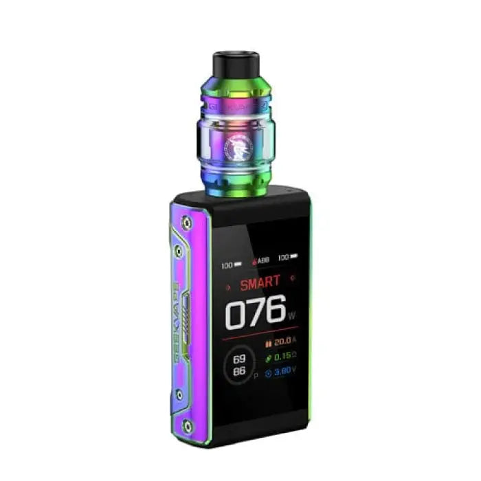 Colorful electronic vaping device with a digital display screen and tank attachment.