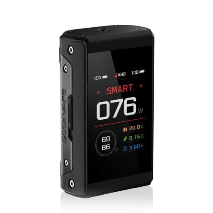 Electronic vaping device with a digital display showing wattage and other settings.