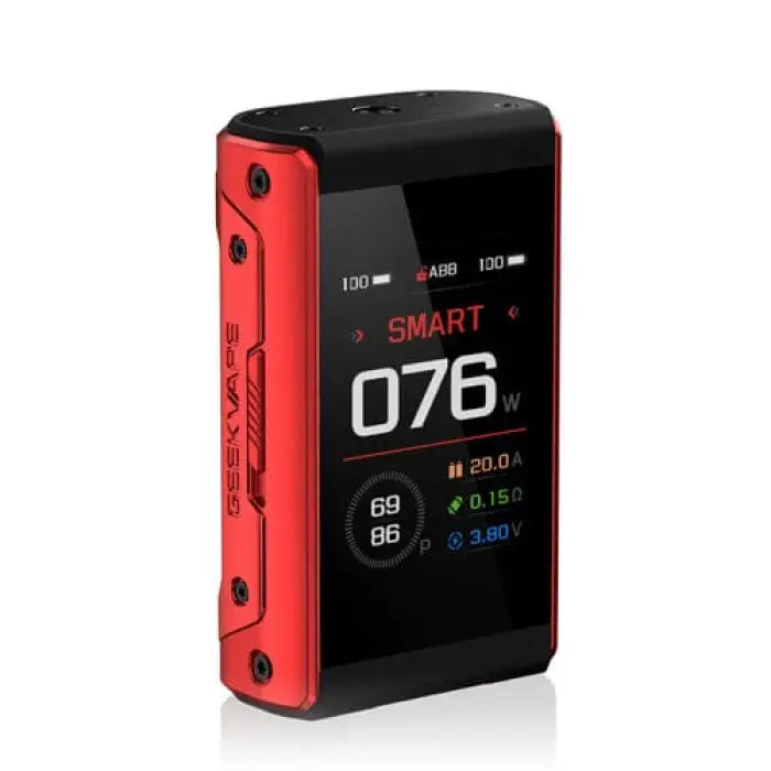 Electronic vaping device with a color display showing wattage and other settings.