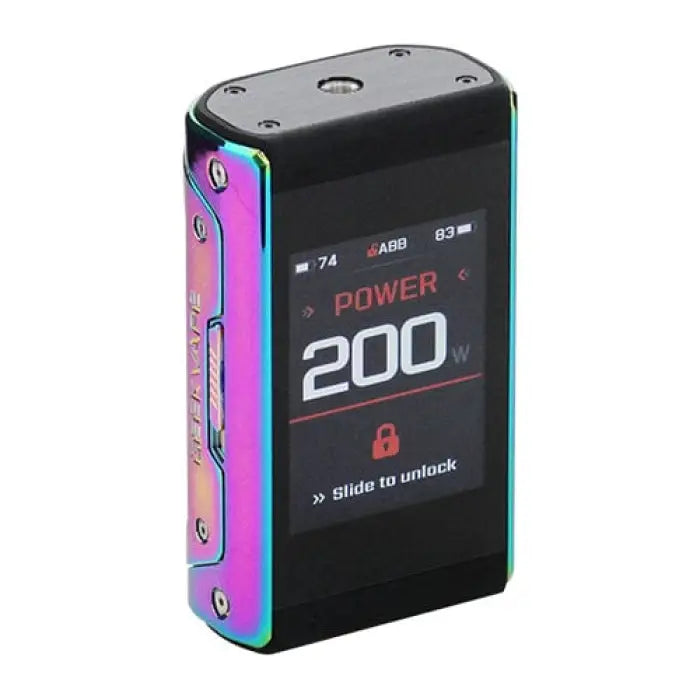 Colorful electronic vaping device with a digital display showing ’POWER 200W’.