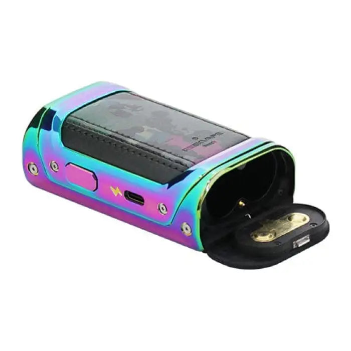 Iridescent electronic vaping device with a digital display and removable battery compartment.