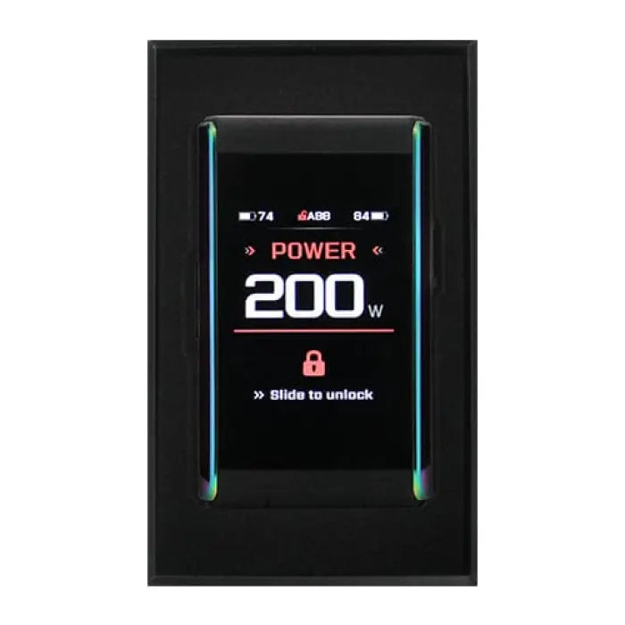 Digital display screen showing power output of 200W with a lock icon and ’Slide to unlock’ text.