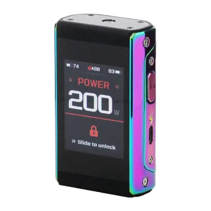 Electronic vaping device with a color display showing 200W power output.