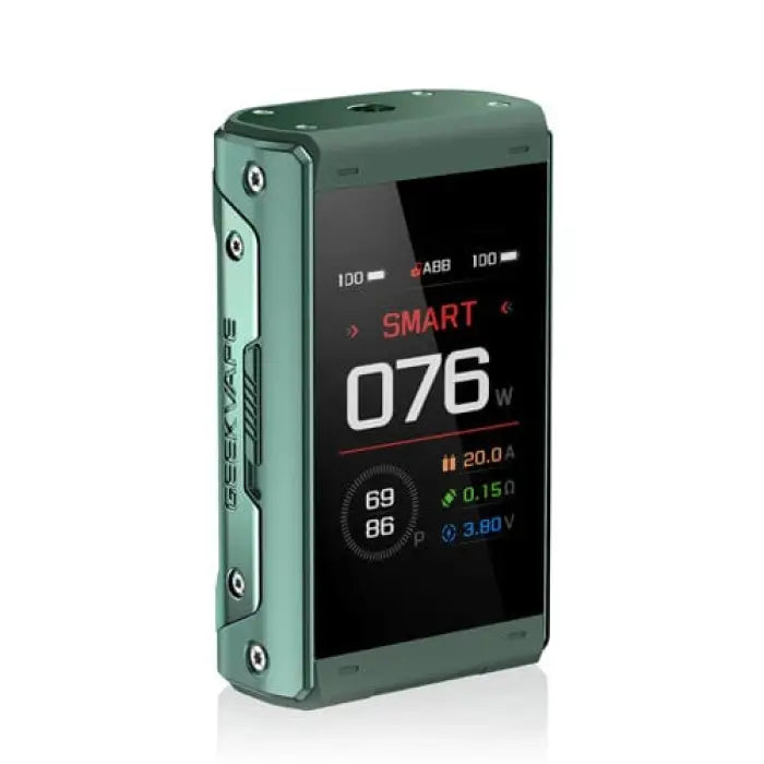 Electronic vaping device with a color display showing wattage and other settings.