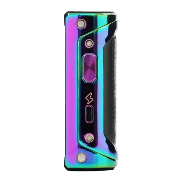 Colorful, iridescent vape mod or e-cigarette device with buttons and a display screen.