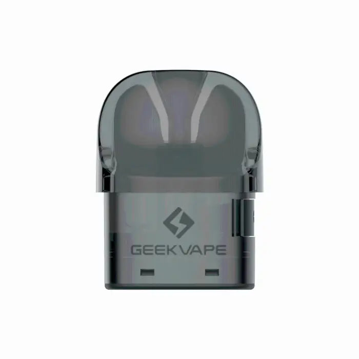 Transparent gray vape pod or cartridge with ’GEEKVAPE’ branding.