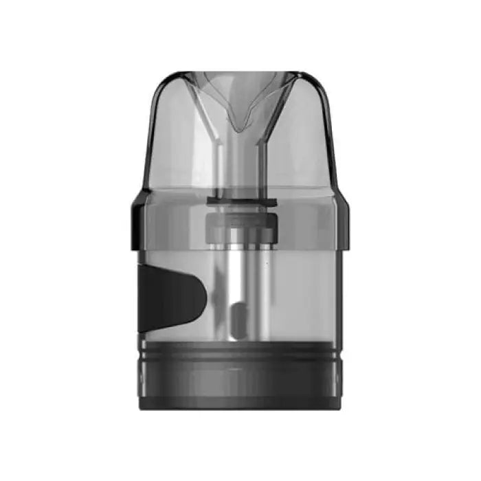 Transparent pod-style vaping device with a black base and mouthpiece.