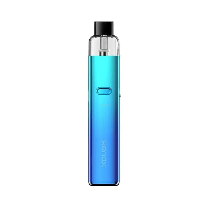 Cylindrical vape pen with a gradient blue-to-turquoise color scheme.