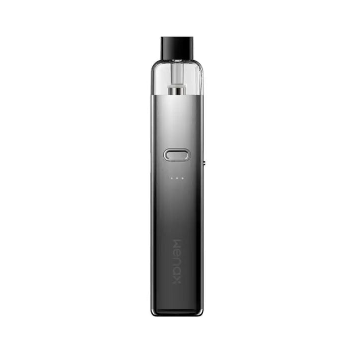 Sleek, black electronic vaping device with a transparent mouthpiece.