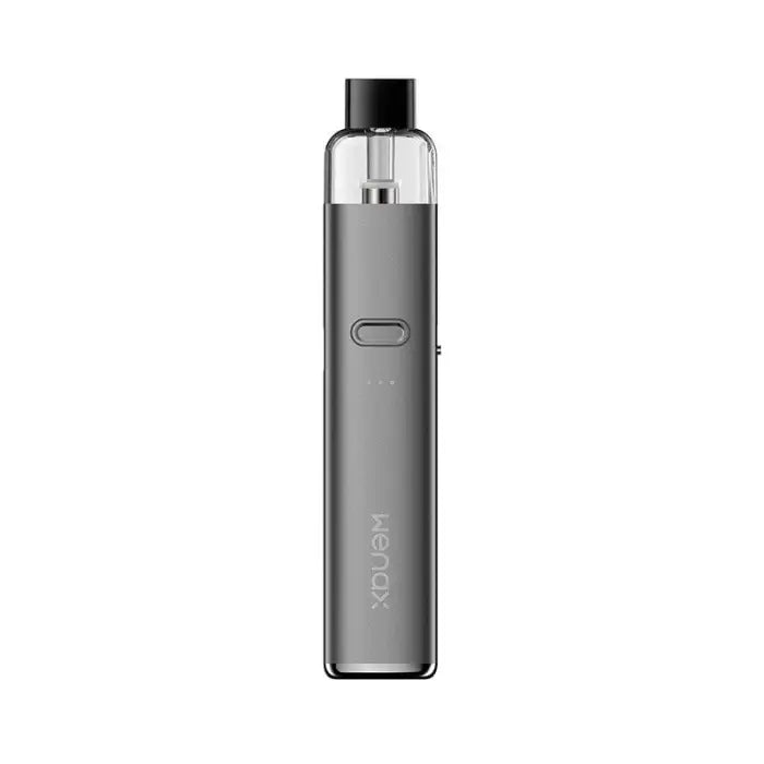 Sleek, cylindrical electronic vaping device with a clear tank and metallic body.