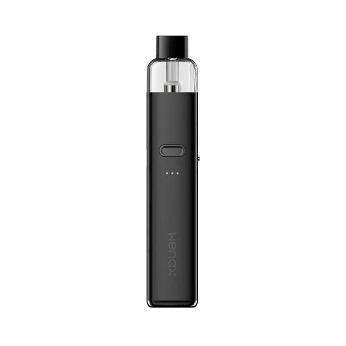 Sleek black electronic cigarette or vaping device with a clear tank section.