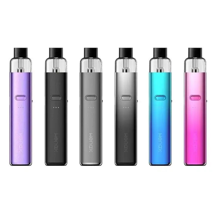 Colorful electronic vaping devices or e-cigarettes in various metallic hues.