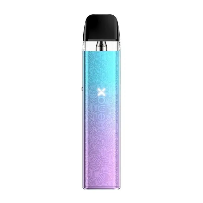 Vape pen with a gradient blue-to-purple metallic body and black mouthpiece.