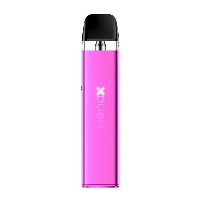 Pink electronic vaping device with a clear mouthpiece and ’X’ branding.