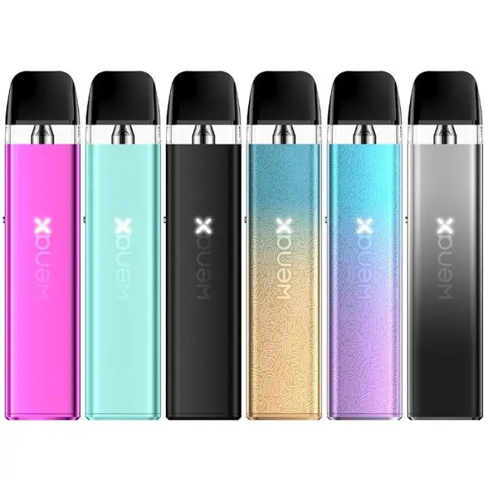 Set of colorful electronic vaping devices or e-cigarettes in various metallic finishes.